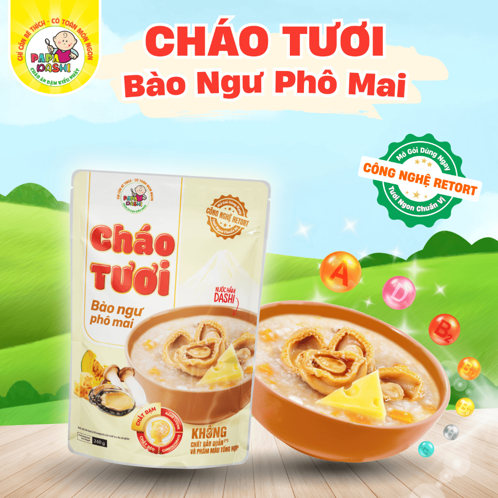 Cháo Tươi Bào Ngư, Phô Mai Papa Dashi 240g, Cháo Ăn Liền Vị Béo Thơm Đậm Đà Mềm Mềm Mịn Dễ Ăn