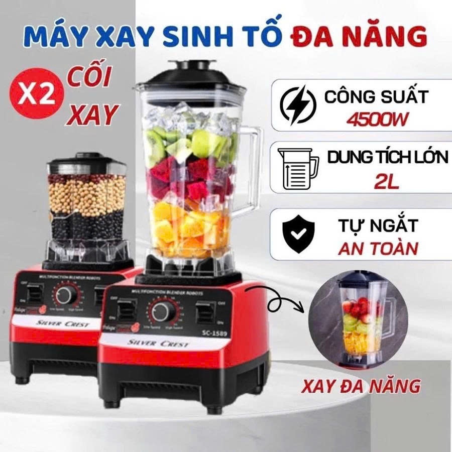 Máy Xay Sinh Tố Đa Năng SILVER CREST SC-1589 Máy Xay Công Nghiệp 2 Cối Xay Công Suất 4500W, Xay Rau Củ Tiện Lợi