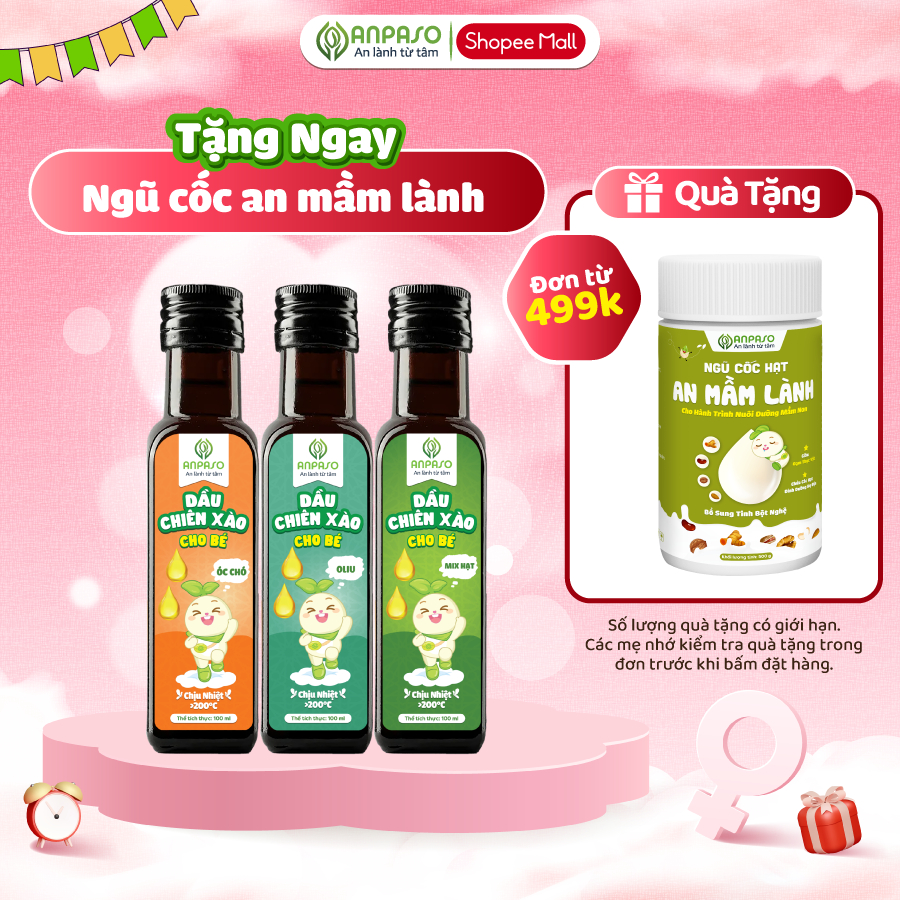 Dầu Chiên Xào Cho Bé Ăn Dặm Anpaso 100ml chịu nhiệt trên 200 độ C - Dầu oliu, óc chó, mix hạt