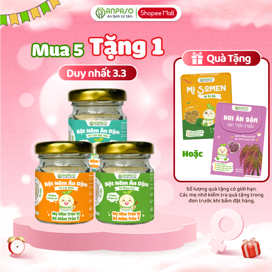 Combo 3 Bột Nêm Ăn Dặm Anpaso Cho Bé: Rau Củ, Nấm Hương, Cà Rốt, Măng Tây, Cải Bó Xôi và Rong Biển 60g
