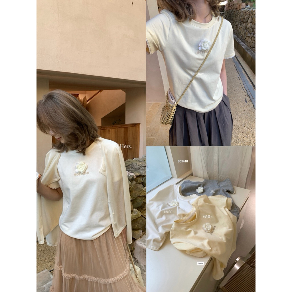 𝐢𝐦𝐜𝐡𝐢𝐜.𝟐𝟐𝐬 | Sẵn Áo Thun Hoa Cài Hers Tay Ren Phong Cách Hàn Quốc Thời Trang Nữ