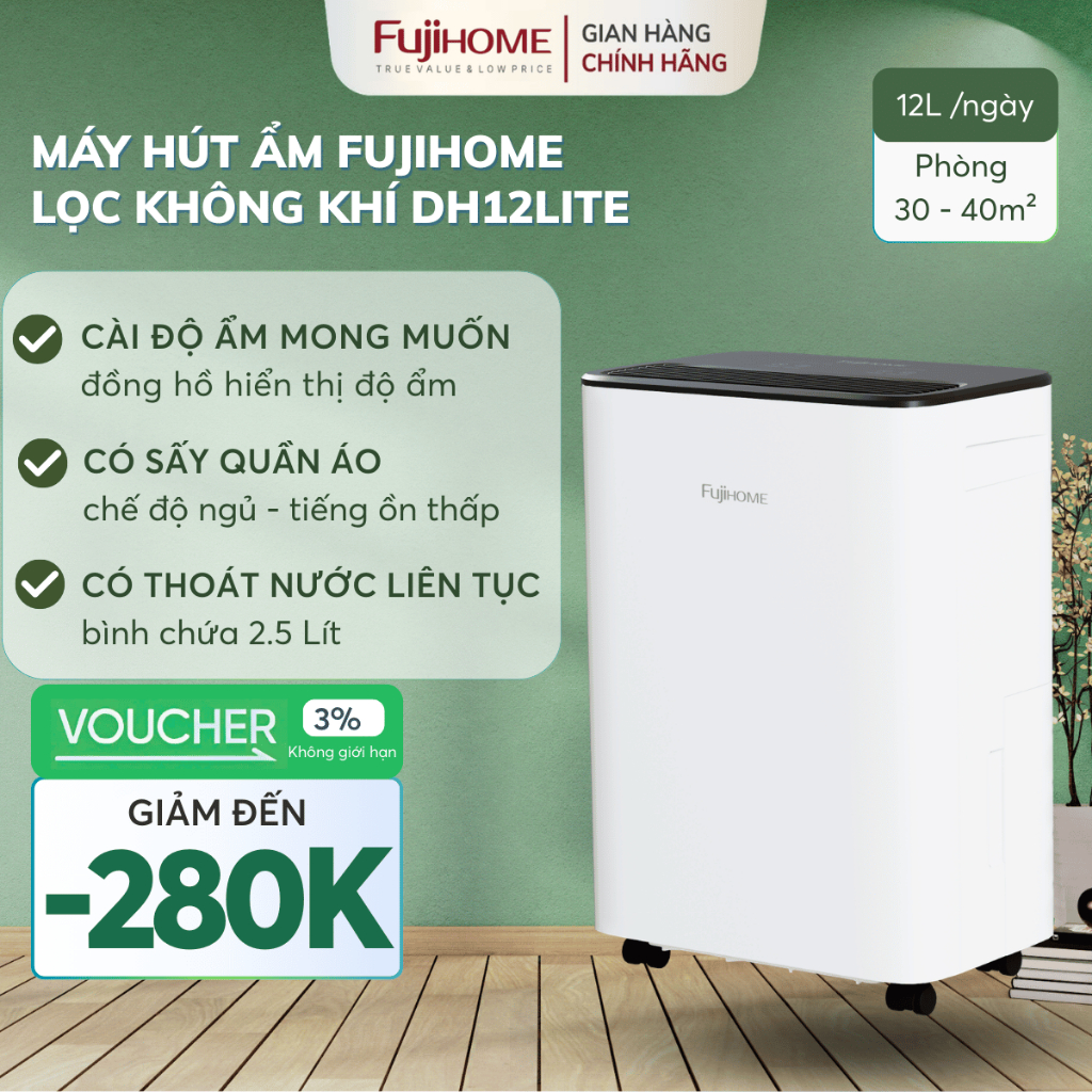 Máy hút ẩm không khí 12L chống nồm, Nhập Khẩu FUJIHOME DH12LITE, máy hút ẩm nhỏ gọn thông minh