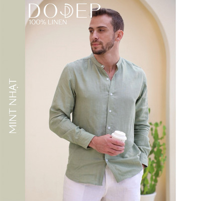 DODEP Áo sơ mi nam linen 100% tay dài cổ trụ