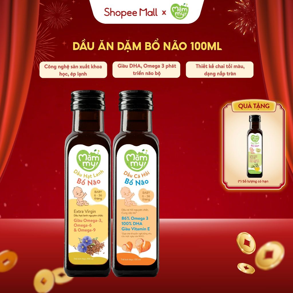 Combo 2 dầu ăn dặm cho bé Mămmy dầu ăn dặm cá hồi, hạt lanh, olive bổ não bé từ 6 tháng, chai 100ML
