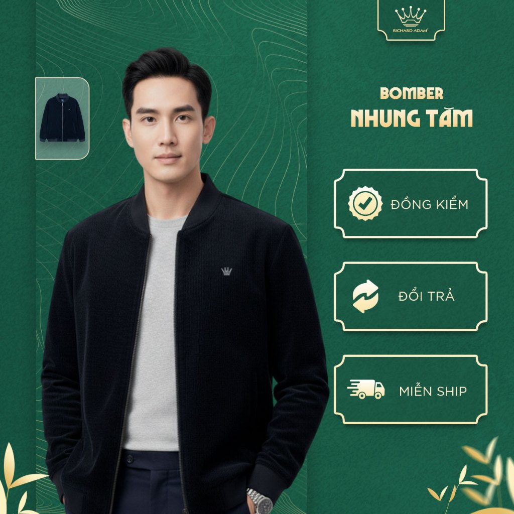 Áo Khoác Bomber Nhung Tăm Richard Adam, Mềm Mại, Ấm Áp, Giữ Nhiệt, Cản Gió, Form Regular BB050925