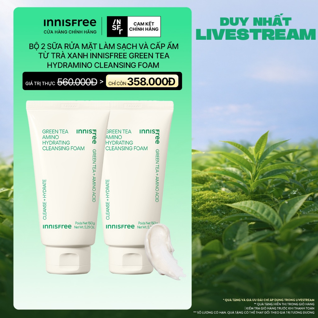 INNISFREE x Bộ 2 Sữa rửa mặt làm sạch và cấp ẩm từ trà xanh Innisfree Green Tea Hydramino Cleansing Foam 150G