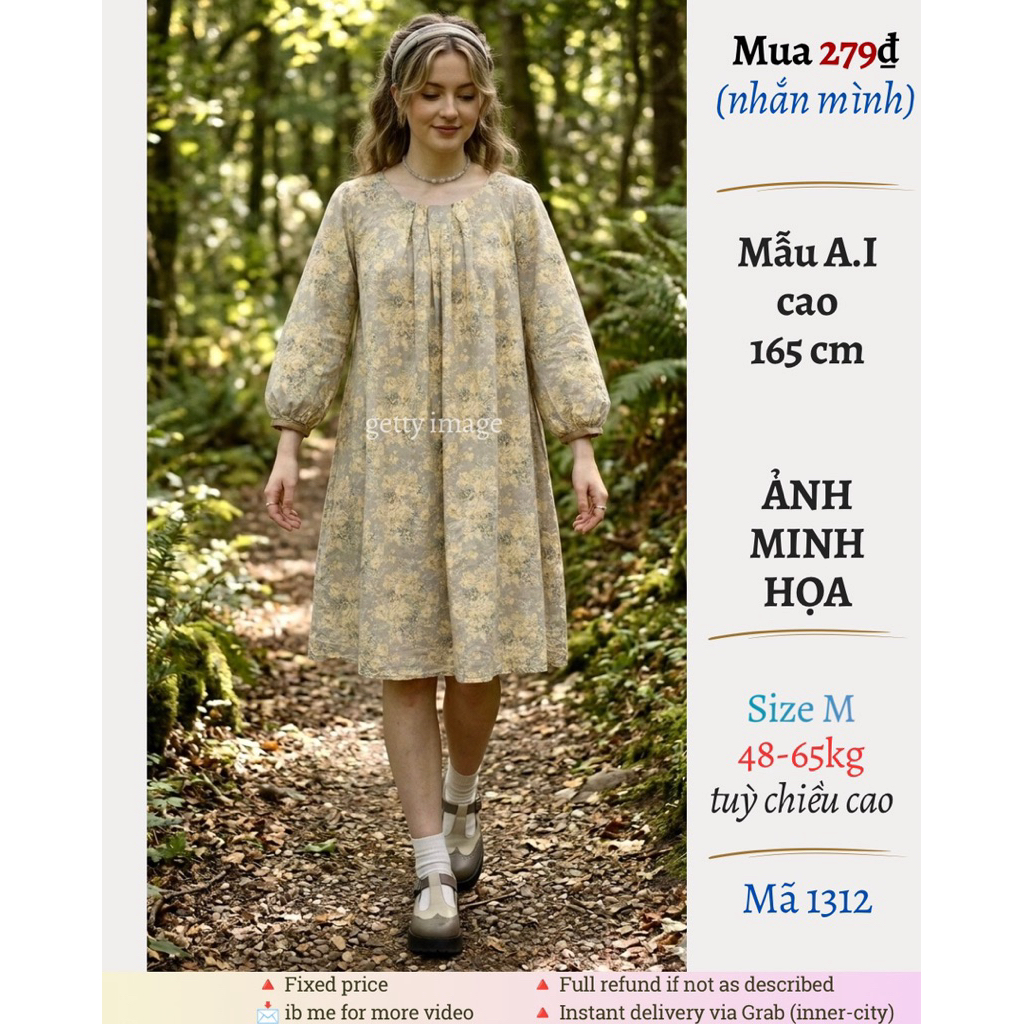 2️⃣7️⃣9️⃣ [Used Nhật] Đầm tay bồng Samansa Mos2, họa tiết hoa cỏ, có lót, Mori Girl, size M, mã 1312