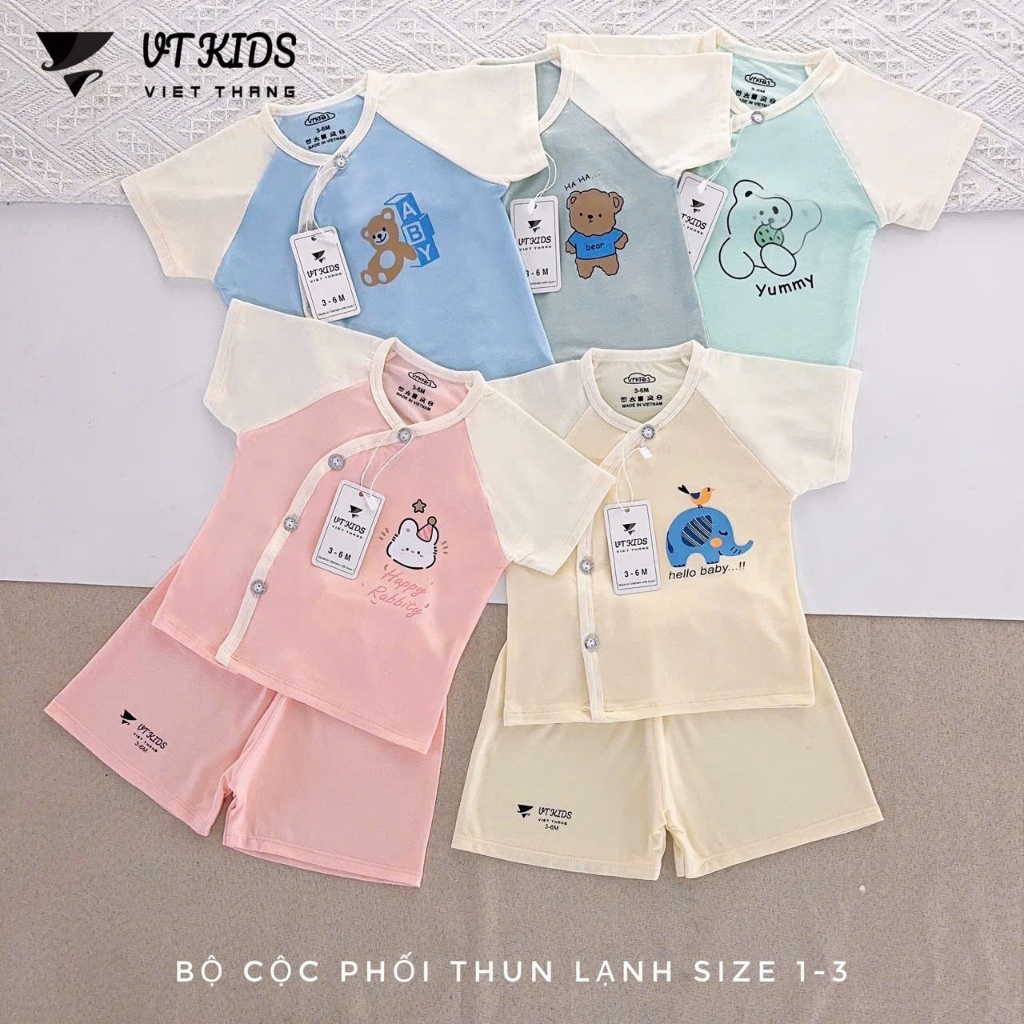 Bộ Cộc Tay Cài Chéo Cho Bé VT Kids - Quần Áo Sơ Sinh Vải Thun Lạnh Phối Tay (Size 1-3) [VT58]