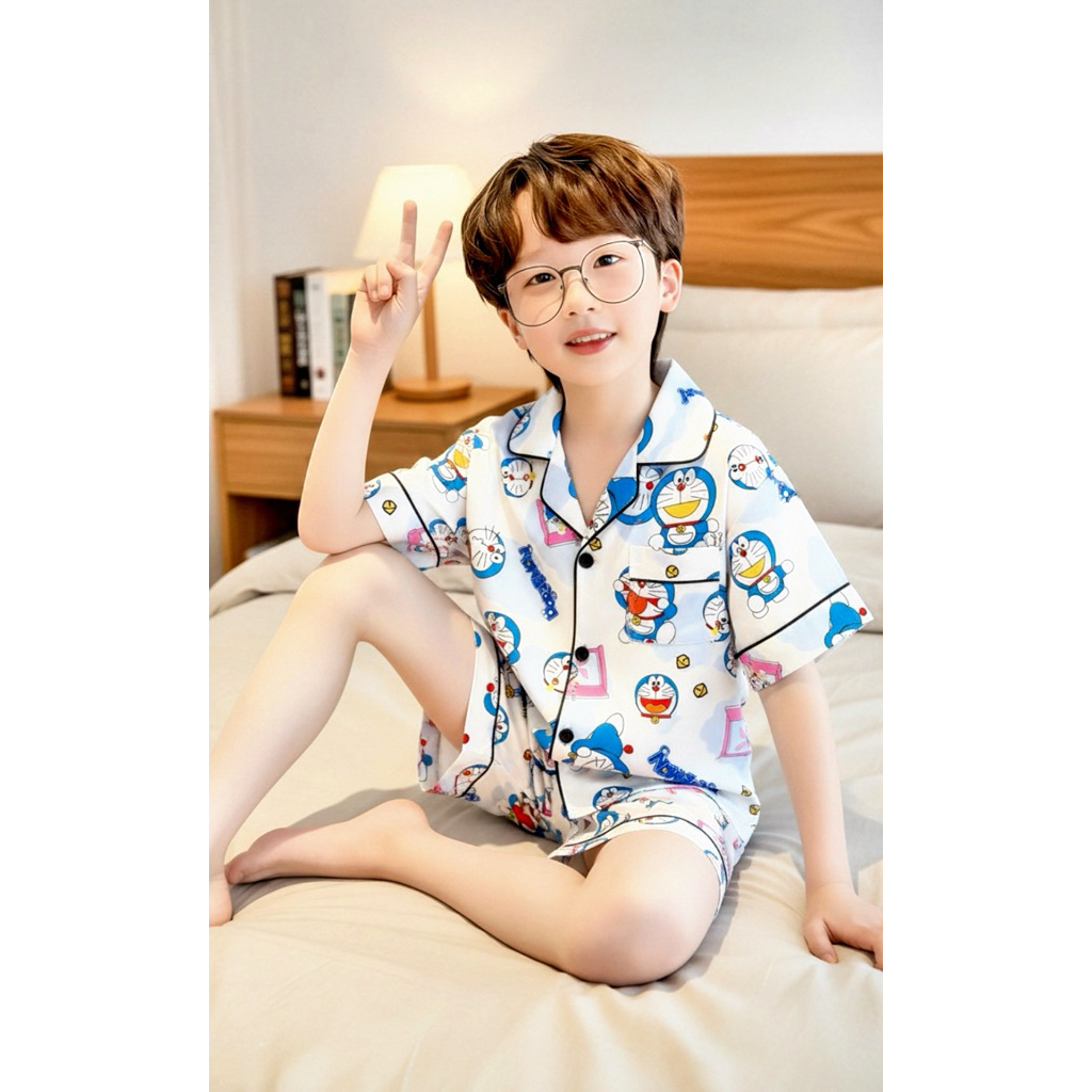 Bộ pijama bé trai lụa Mango họa tiết thú dễ thương 10-65 kg | Đồ ngủ bé trai cao cấp, mềm mát, mặc ở
