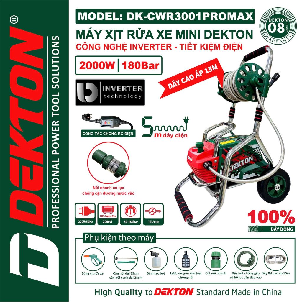 Máy Rửa Xe Chỉnh Áp DEKTON DK-CWR3001PROMAX - Công Suất 1350W - Motor INVERTER - Dây Rulo Cao Áp 15m