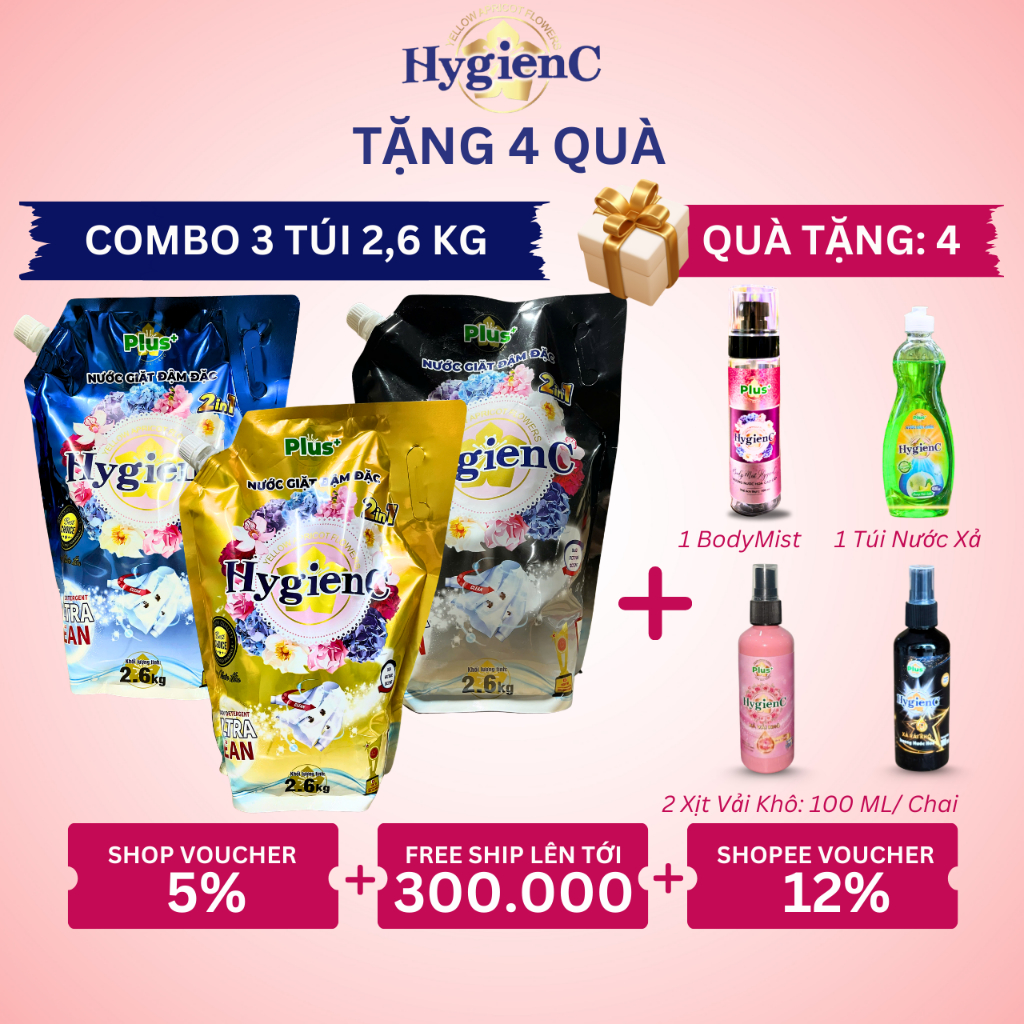 [Live Độc Quyền] Combo 3 Túi Nước Giặt Xả Đậm Đặc HygienC Plus 2.6Kg/ Túi -  6 Mùi Hương