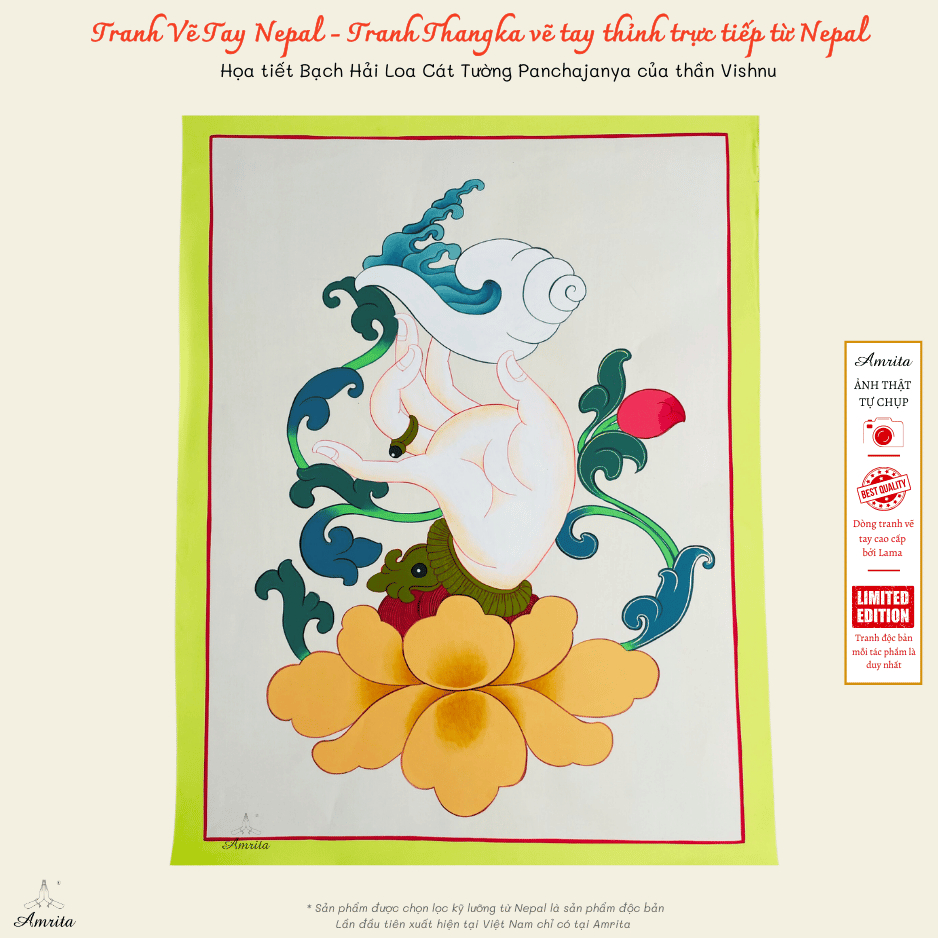 [Tranh Vẽ Tay Nepal Amrita ] Họa tiết Bạch Hải Loa Cát Tường Panchajanya của thần Vishnu - CXNP375 -