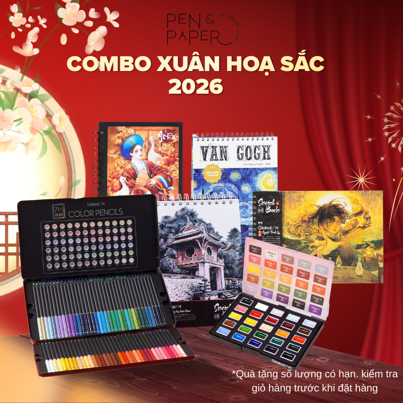 Combo Xuân Hoạ Sắc 2026 Sổ Sketchbook Global Art 30 Tờ 230GSM Và Chì Màu Gốc Dầu Màu Nước Semi-dry
