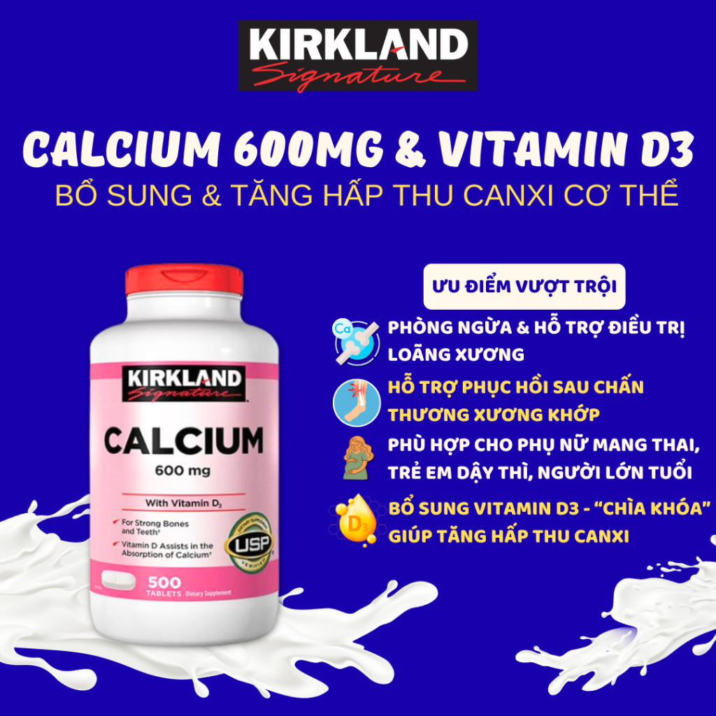 Viên uống Canxi Hàm lượng 600mg Kirkland Calcium with Vitamin D3 Tăng Hấp Thu Canxi - Hộp 500 viên