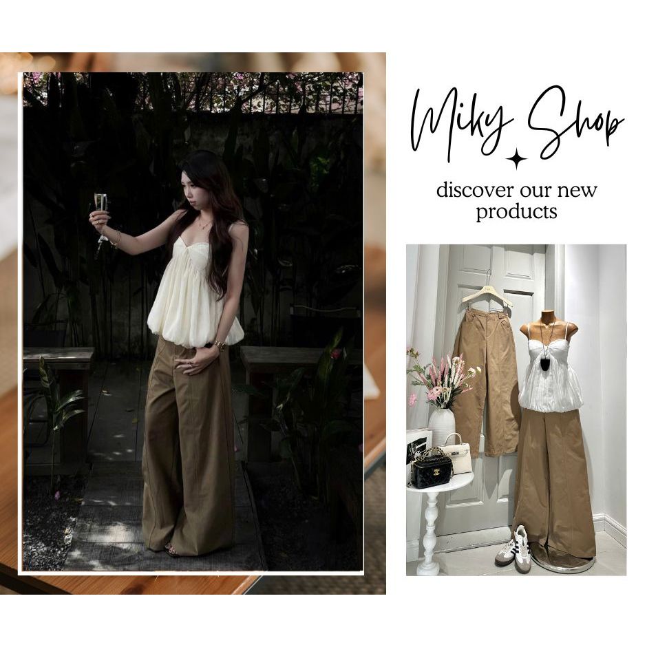 Set Áo Croptop Trắng 2 Dây Kèm Quần Ống Rộng KaKi NÂu Chất Ren Lụa Siêu Sang Chảnh Siêu Năng Động