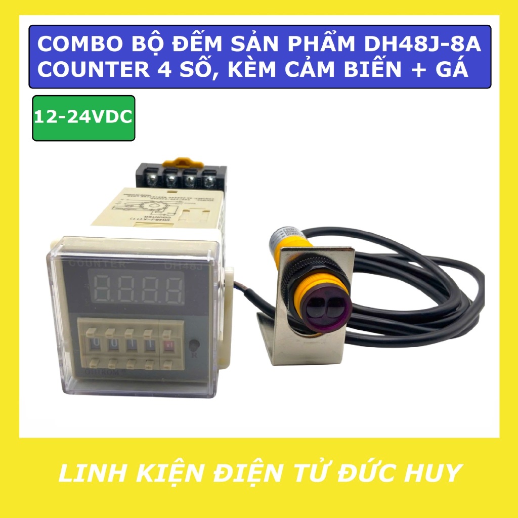 Combo bộ đếm sản phẩm DH48J-8A counter 4 số, 12VDC 24VDC 220VAC, kèm cảm biến và gá