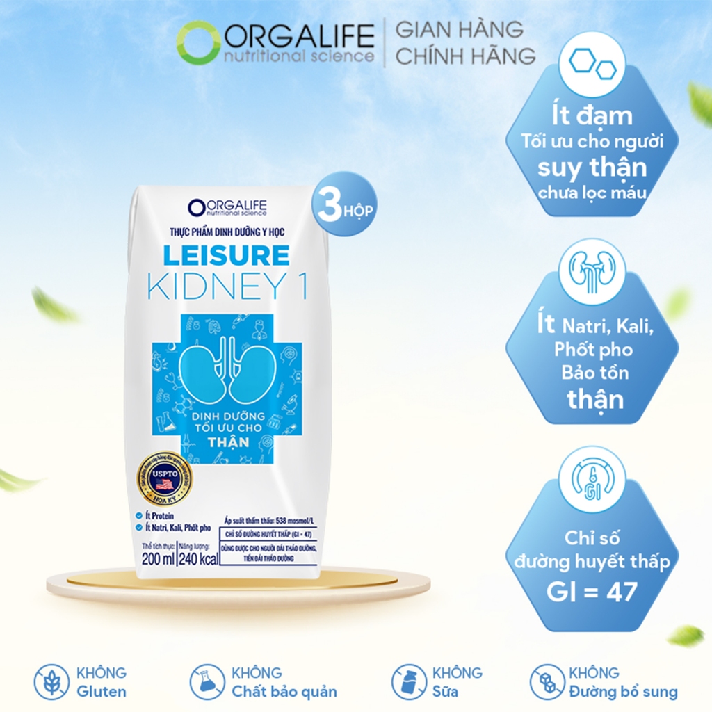 Lốc 3 Hộp LEISURE KIDNEY 1 - Soup Uống Dinh Dưỡng Công Thức Giảm Protein (200ml/Hộp)
