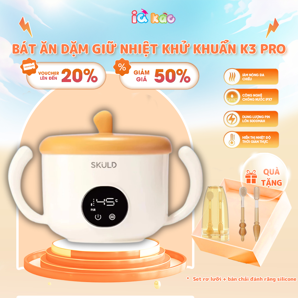 Bát Ăn Dặm Giữ Nhiệt SKULD K3PRO - Bình Ủ Cháo Tích Điện Chống Nước IPX7, Làm Ấm 3 Chiều, Khử Khuẩn  Cho Bé IQKAO