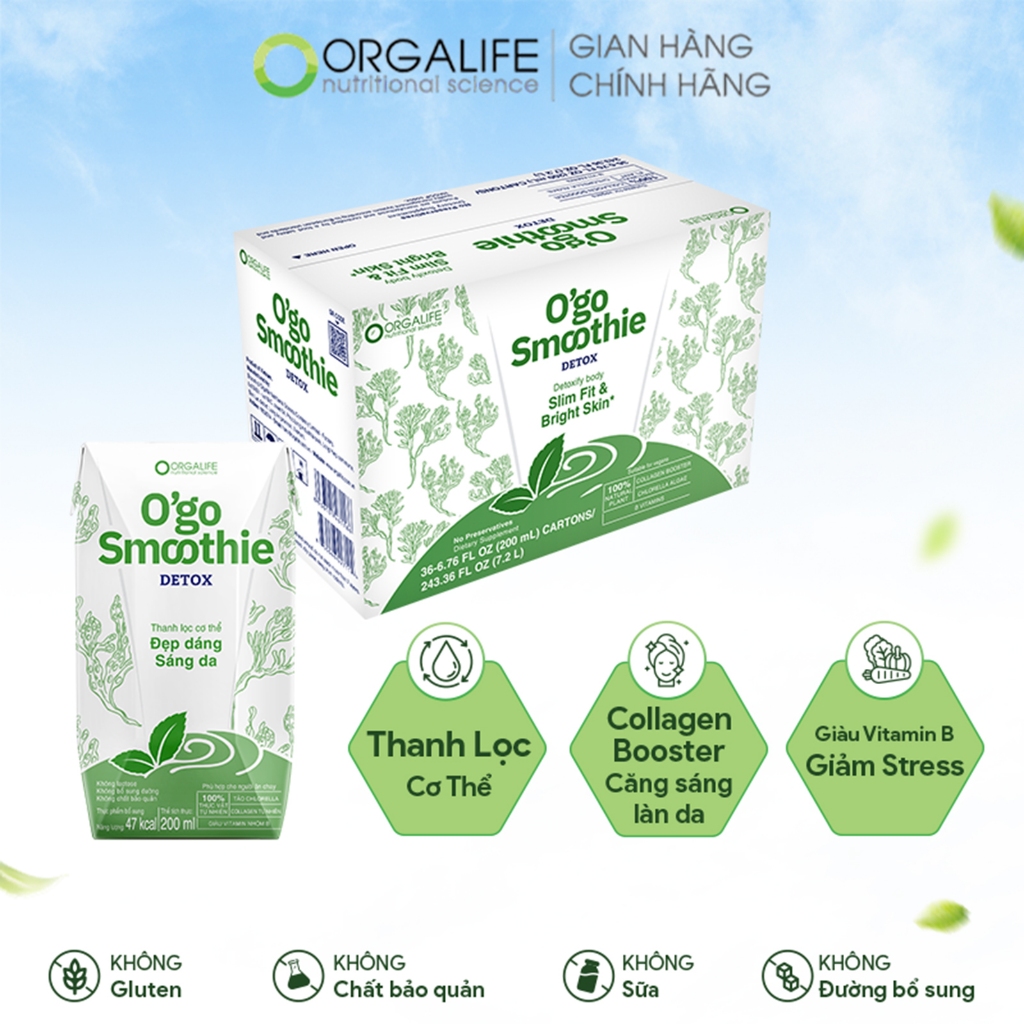 Thùng 36 Hộp O'GO SMOOTHIE DETOX - Căng sáng làn da, thanh lọc cơ thể (200ml/Hộp)
