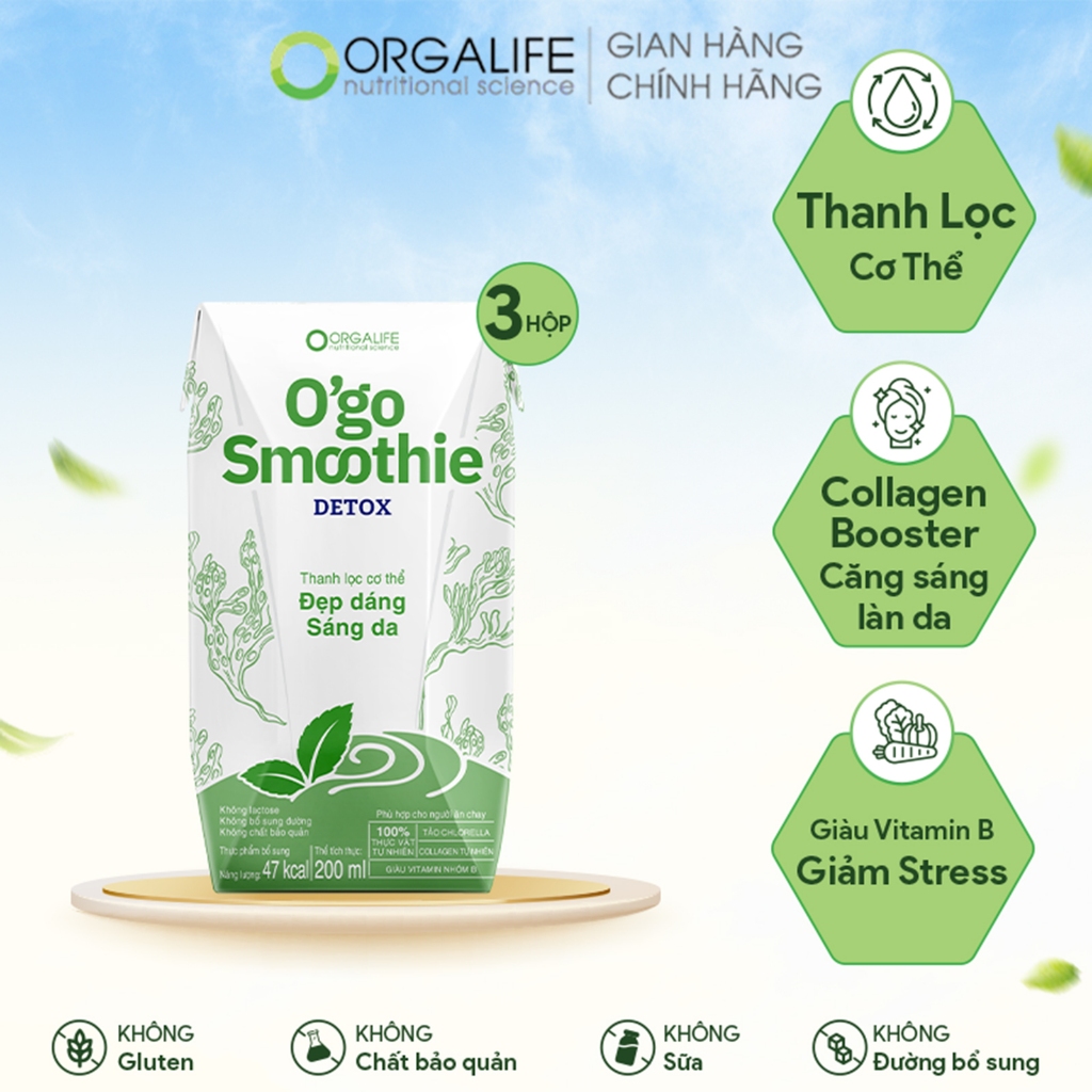 Lốc 3 Hộp O'GO SMOOTHIE DETOX - Thực phẩm bổ sung, căng sáng làn da, thanh lọc cơ thể (200ml/Hộp)