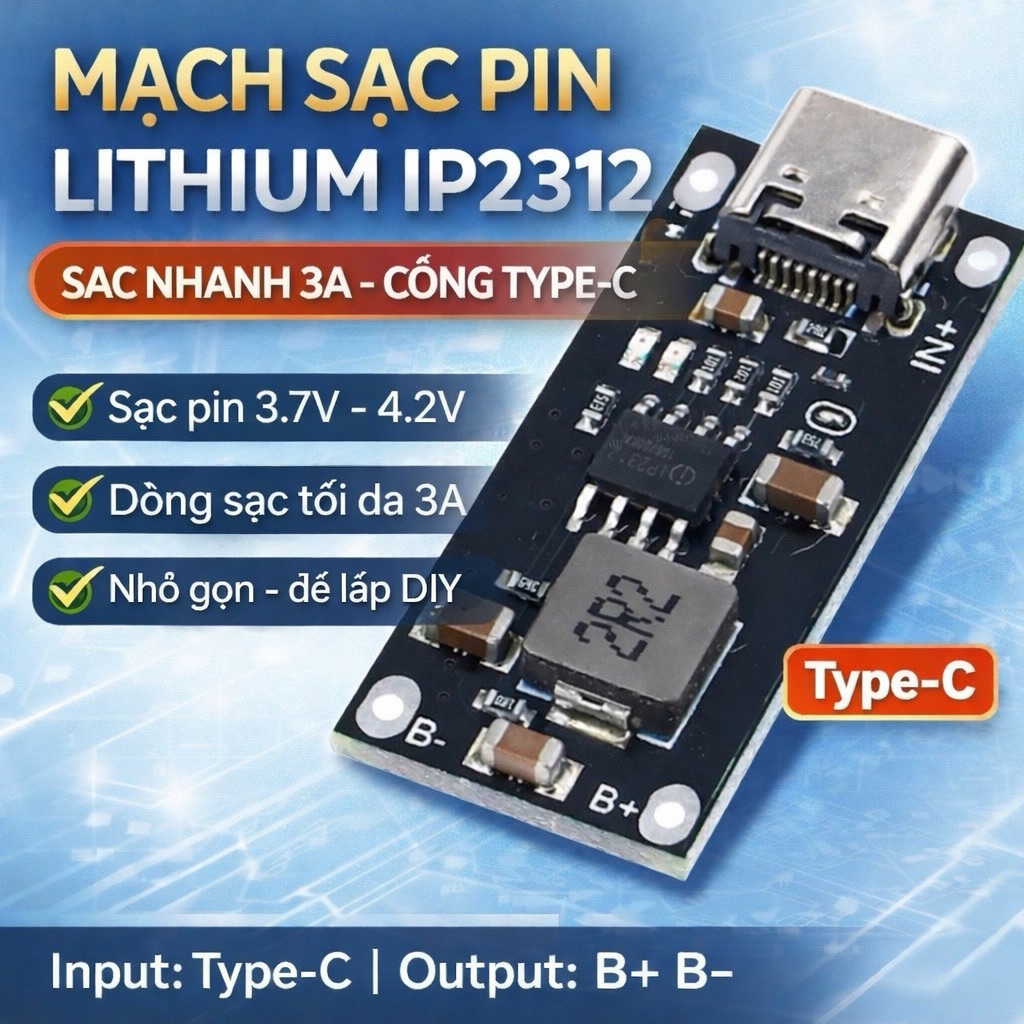 【FREESHIP】Bảng Mạch sạc nhanh Pin Lithium IP2312 3A - 4,2V - Type C