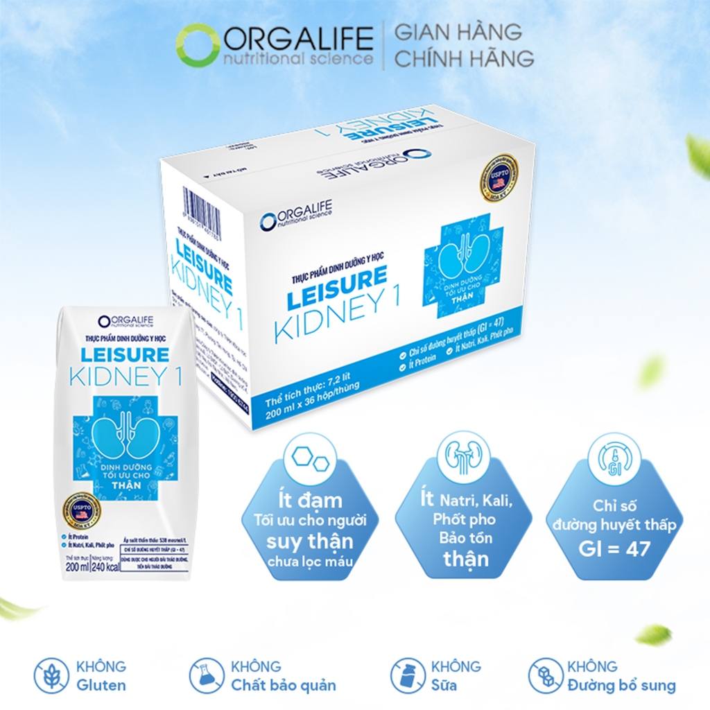Thùng 36 Hộp LEISURE KIDNEY 1 - Dinh Dưỡng Tối Ưu Giảm Protein (200ml/Hộp)