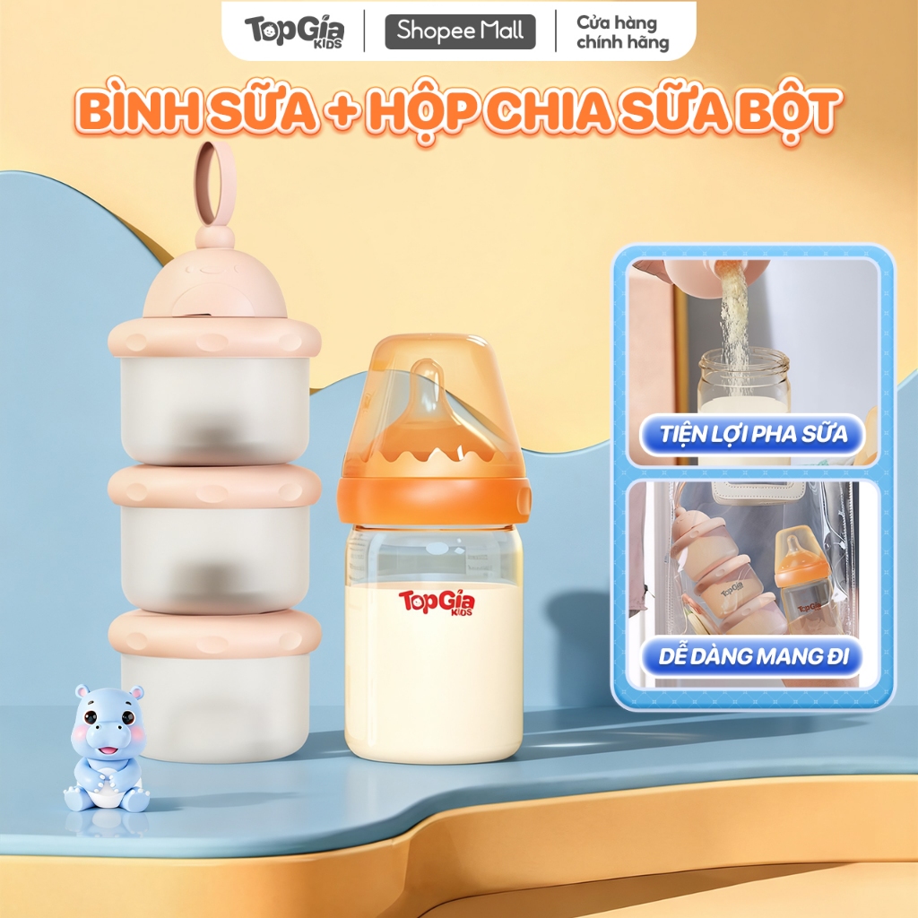 Combo bình thủy tinh Topgiakids 180ml và hộp chia, đựng sữa bột 3 ngăn tiện lợi pha sữa, ăn dặm