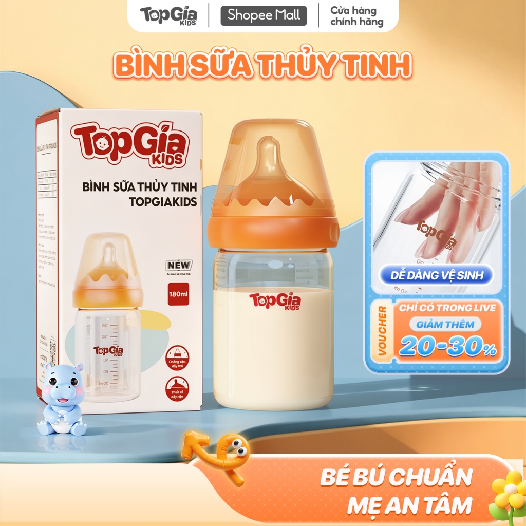 Bình sữa Topgiakids thủy tinh 180ml cao cấp núm ti silicone siêu mềm có van chống sặc giảm đầy hơi
