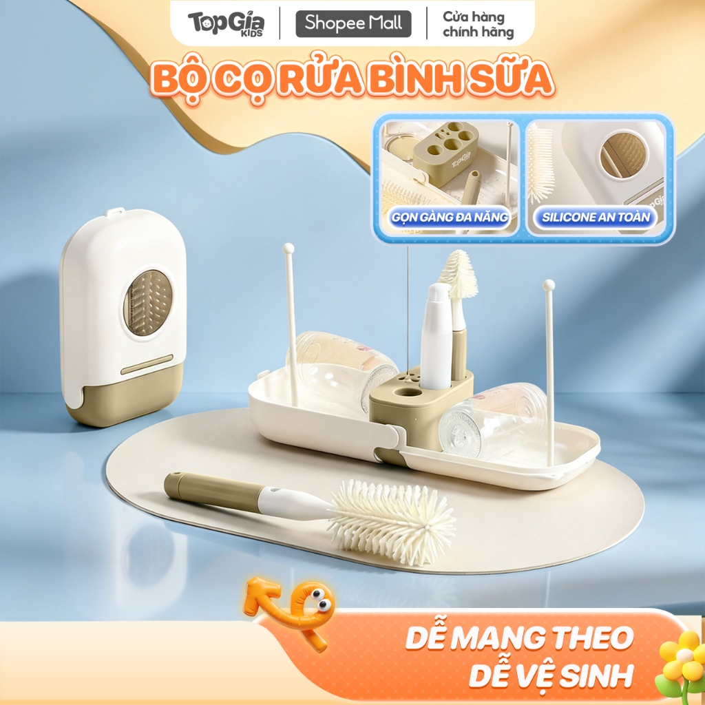 Bộ cọ rửa bình sữa, núm ti Topgiakids cho bé chất liệu silicone an toàn, đa năng, gấp gọn, tiện lợi