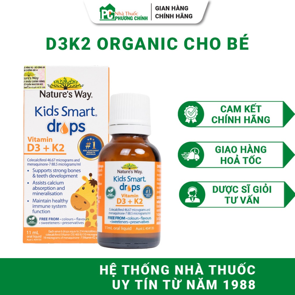 Vitamin D3 K2 Nature's Way Kids Smart Drops Vitamin D3K2 Organic - Hỗ Trợ Xương Răng Chắc Khoẻ 11ml