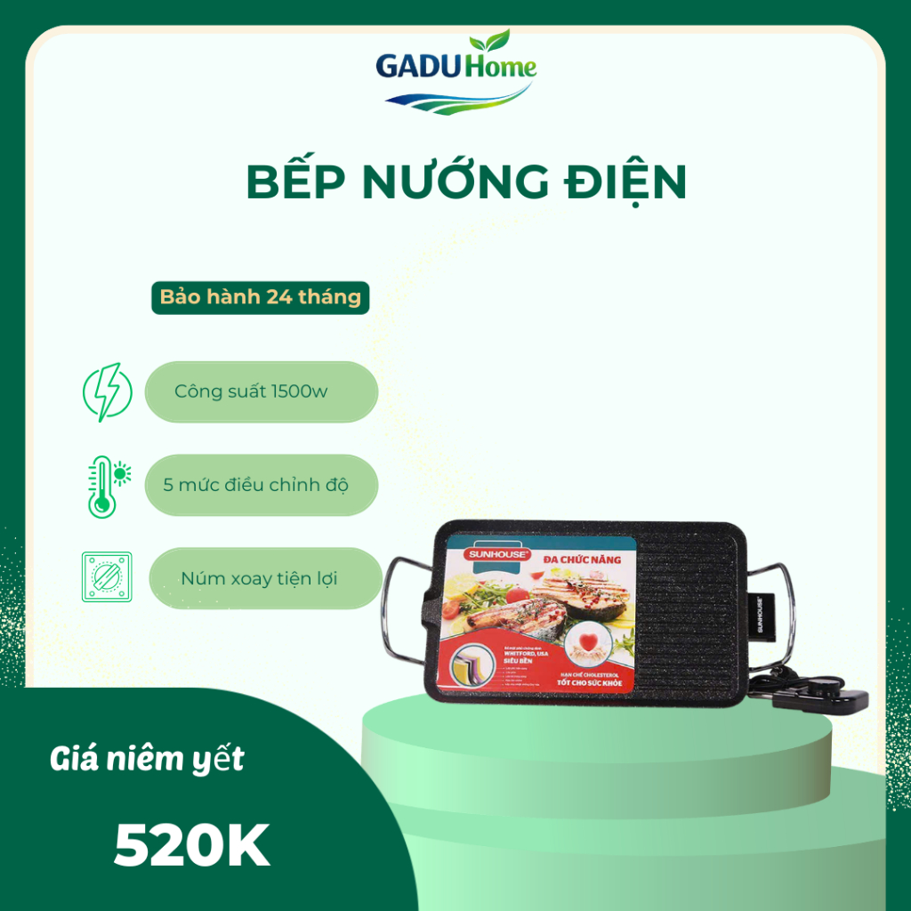 Bếp nướng điện Gaduhome1500w không khói-Bảo hành 12 tháng