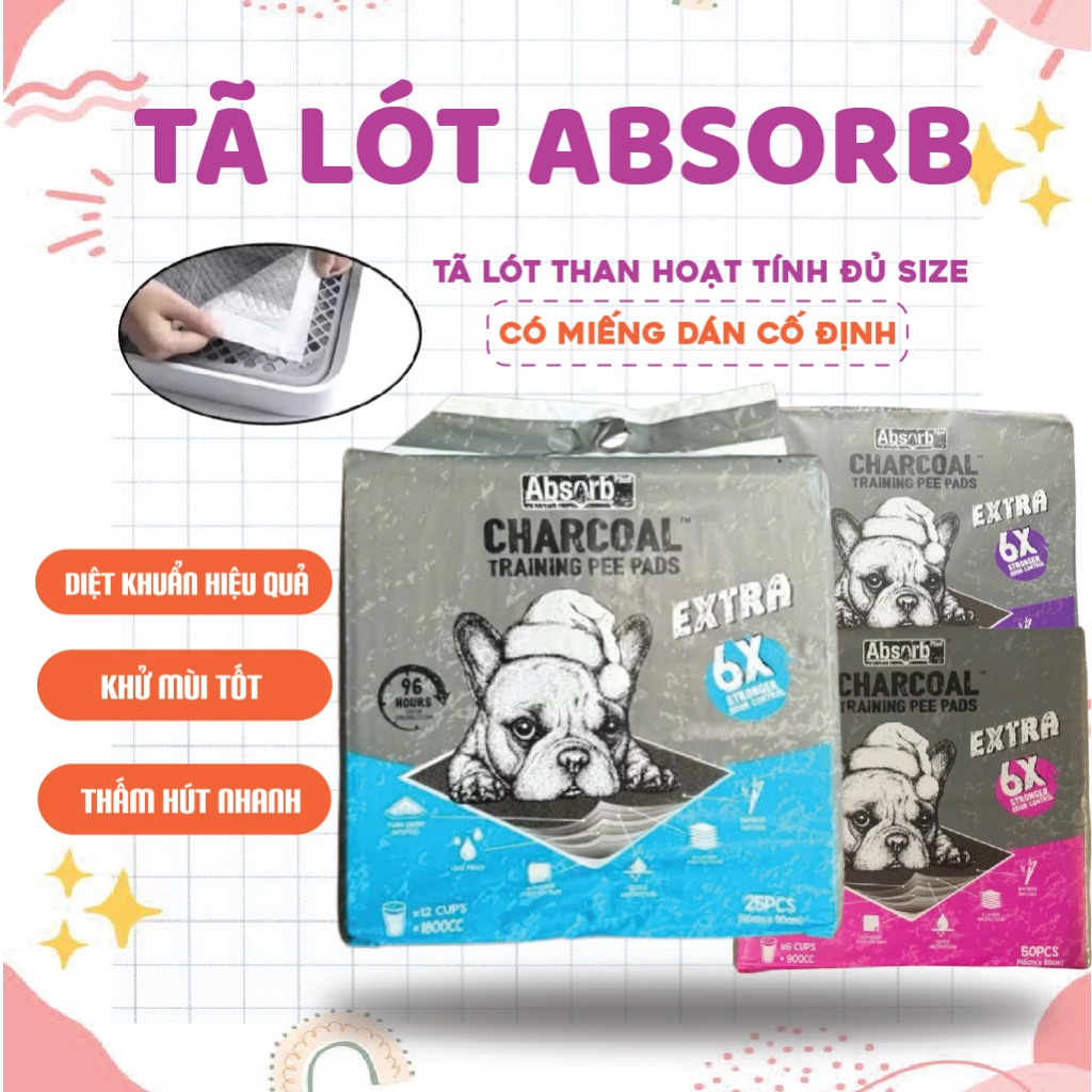 Miếng lót vệ sinh cho chó, tã lót than hoạt tính bịch 100 miếng CHARCOAL  ABSORB đủ size