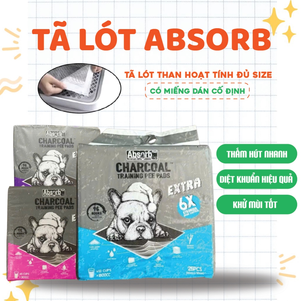 Miếng tã lót vệ sinh cho chó than hoạt tính bịch 100 miếng CHARCOAL  ABSORB đủ size