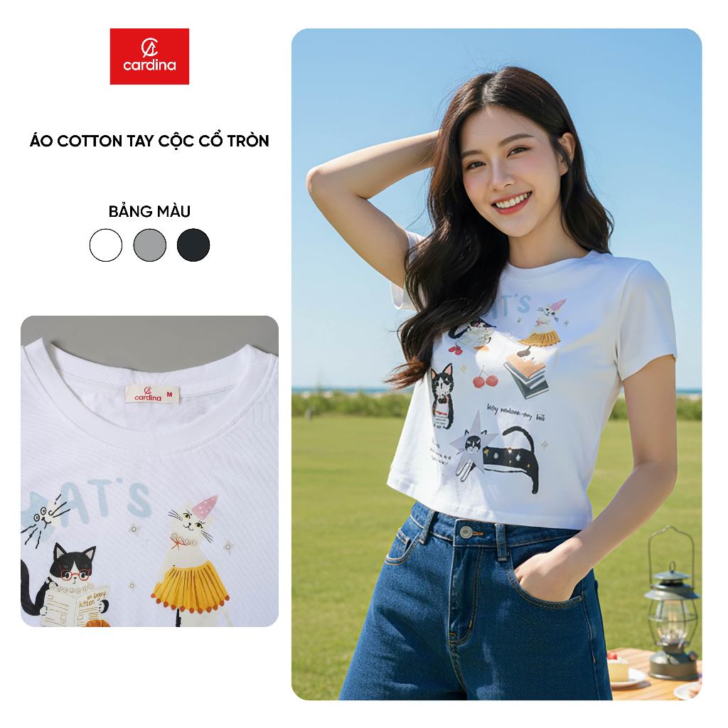 Áo phông nữ CARDINA chất cotton cộc tay cổ tròn in hình trẻ trung 6ATC06