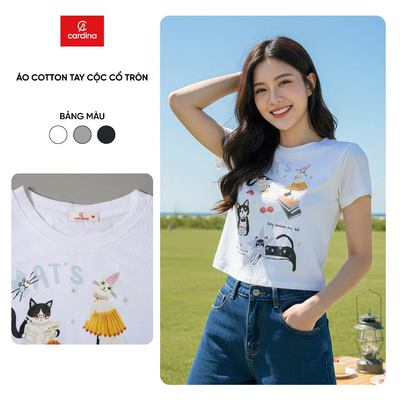 Áo phông nữ CARDINA chất cotton cộc tay cổ tròn in hình trẻ trung 6ATC06
