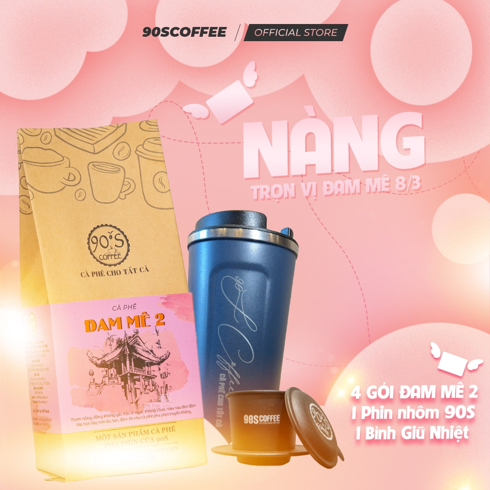 Combo 4 Gói Cà Phê Rang Mộc Đam Mê 2 + Bình Giữ Nhiệt - Gu Đắng Dịu Hậu Ngọt Thơm Nồng | 90S COFFEE