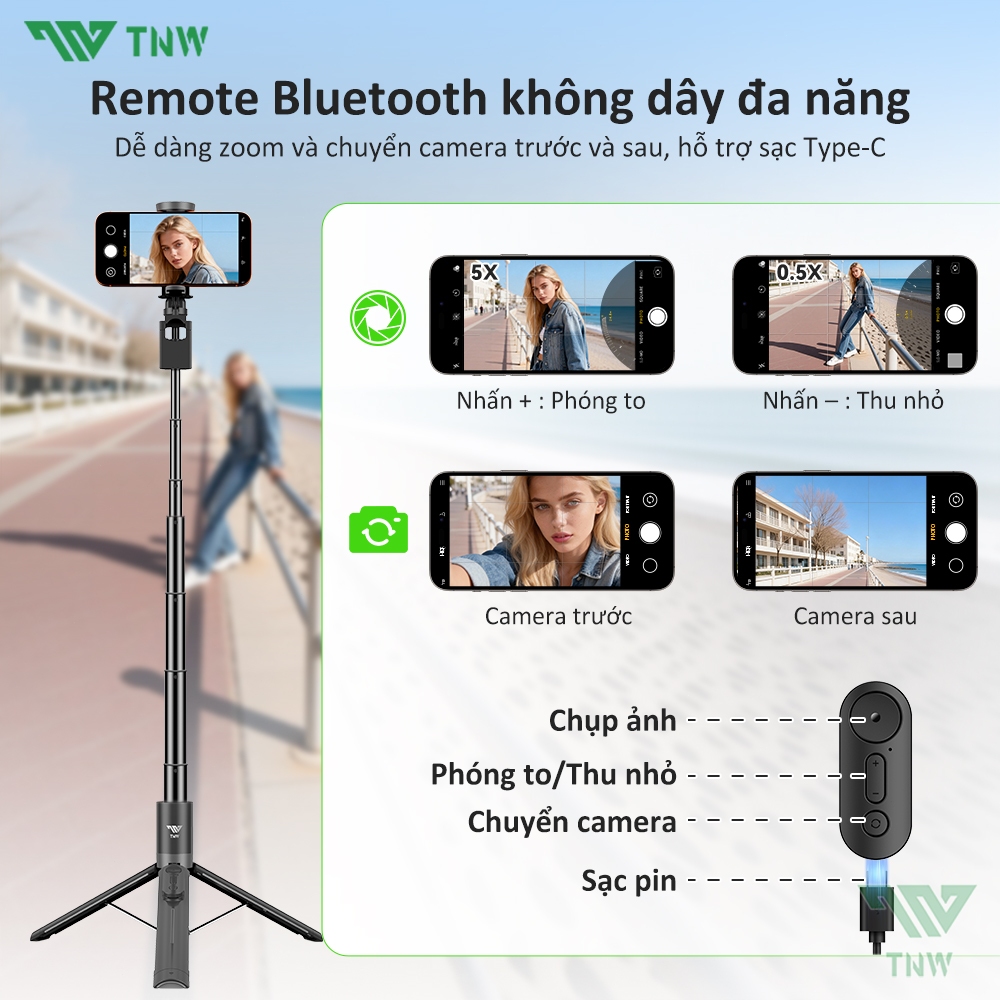 TNW PP5 Gậy chụp ảnh Selfie 3 chân 1.6M điều khiển từ xa  trợ sáng cao cấp xoay 360 độ, gậy livestream | BigBuy360 - bigbuy360.vn