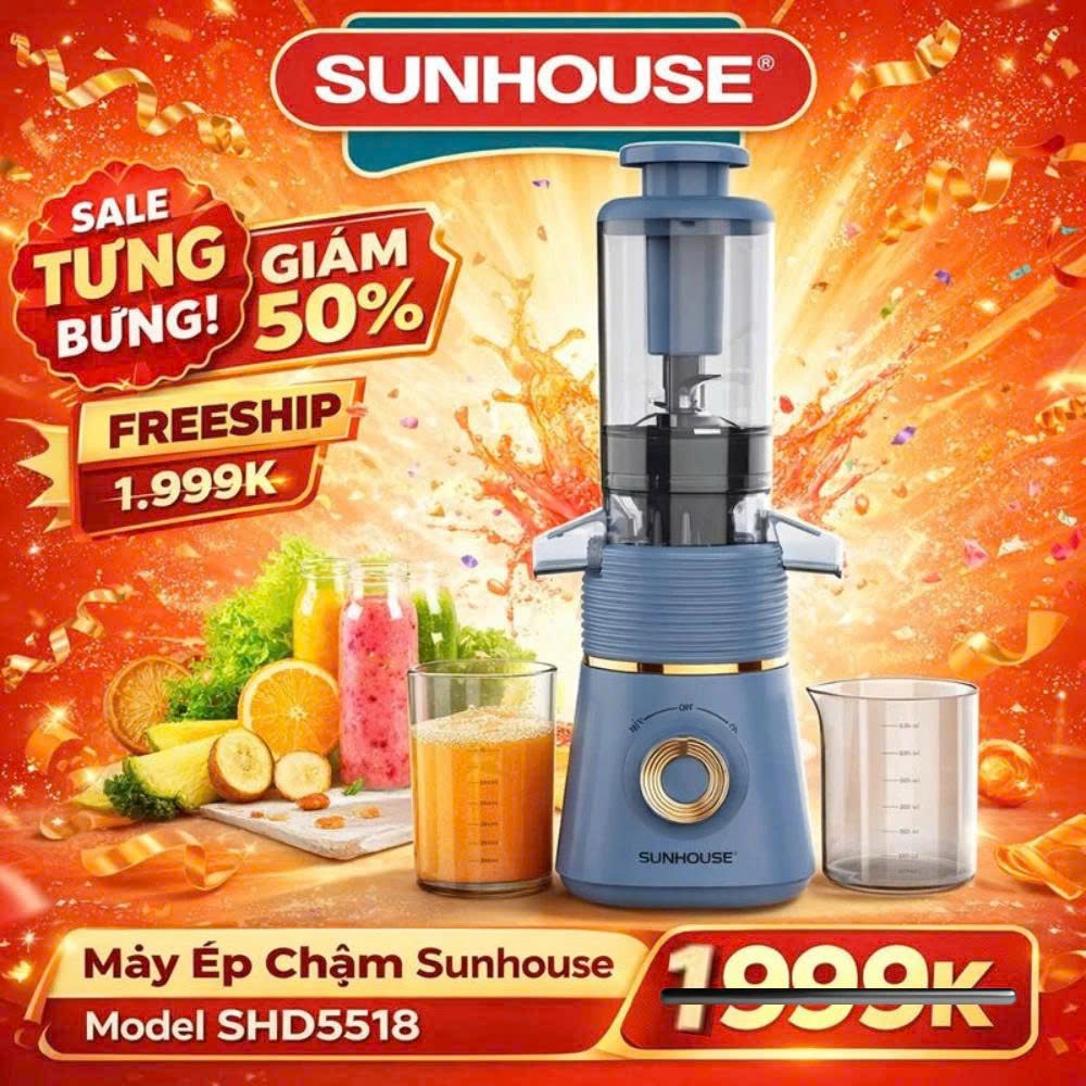 Máy Ép Chậm SUNHOUSE SHD5518 - Máy Ép Trái Cây, Rau Củ, Làm Kem, Công Nghệ Ép Tươi Giữ Trọn Vitamin