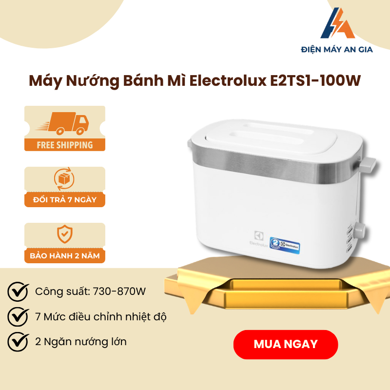 Máy Nướng Bánh Mì Electrolux E2TS1-100W - 2 Ngăn Nướng Lớn - Điều Khiển Bằng Núm Vặn - PEB
