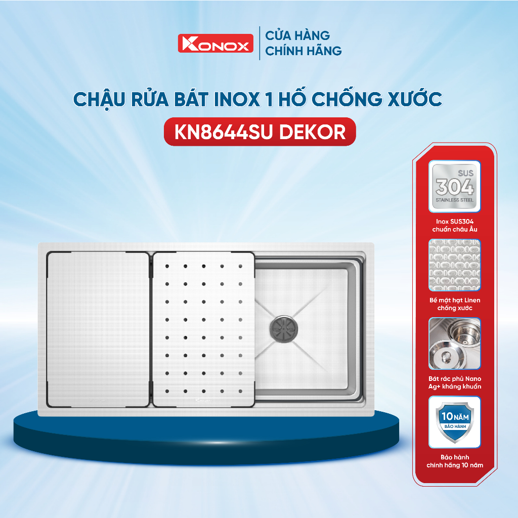 Chậu rửa bát inox 1 hố chống xước Konox KN8644SU Dekor - Bảo hành 10 năm