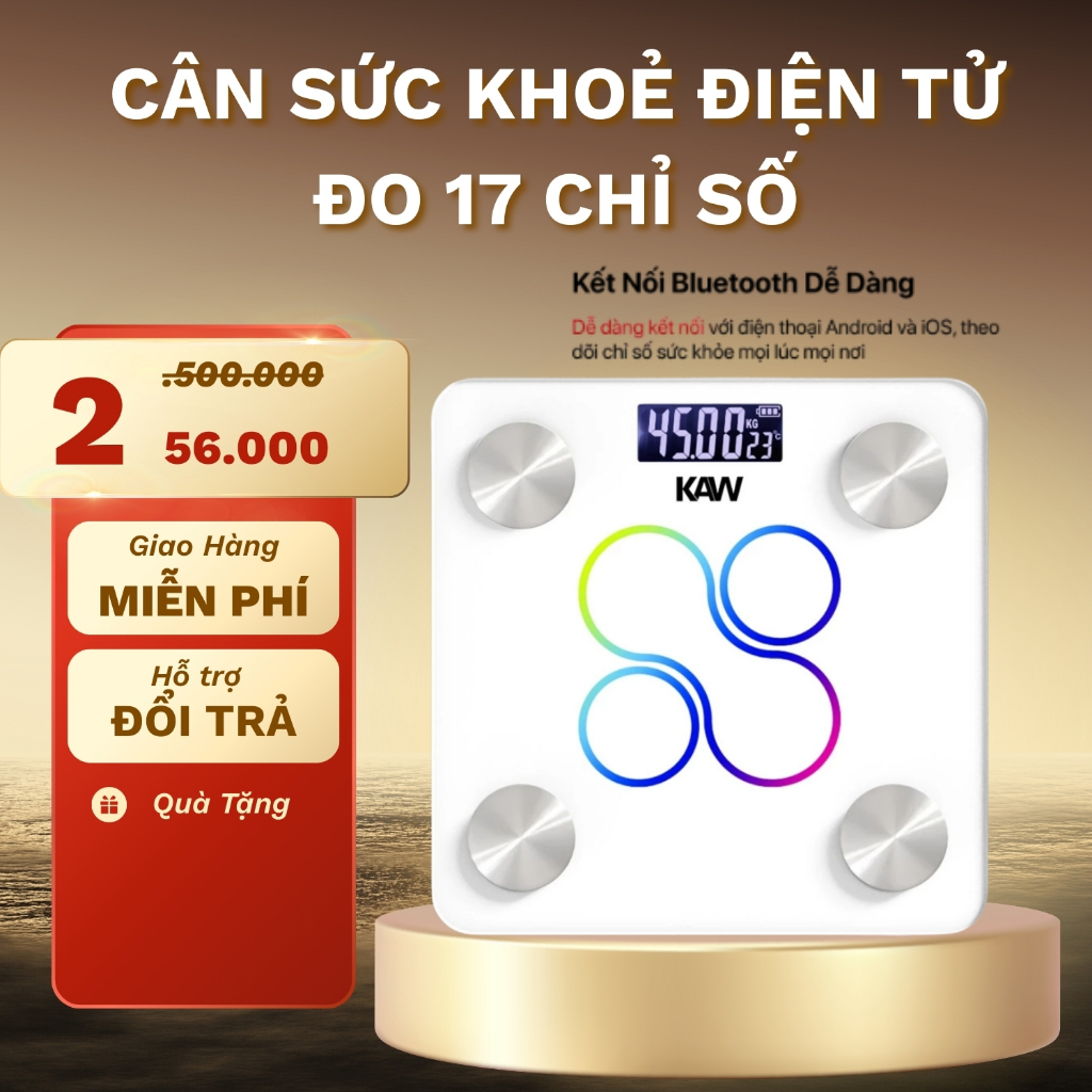 Cân Sức Khoẻ, Cân Điện Tử KAW Kết Nối Bluetooth , Màn Hình Led Kính Cường Lực - Đo 17 chỉ số