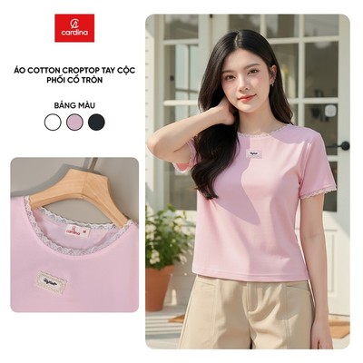 Áo phông nữ CARDINA kiểu dáng croptop chất cotton cộc tay cổ tròn phối ren 6ATC01