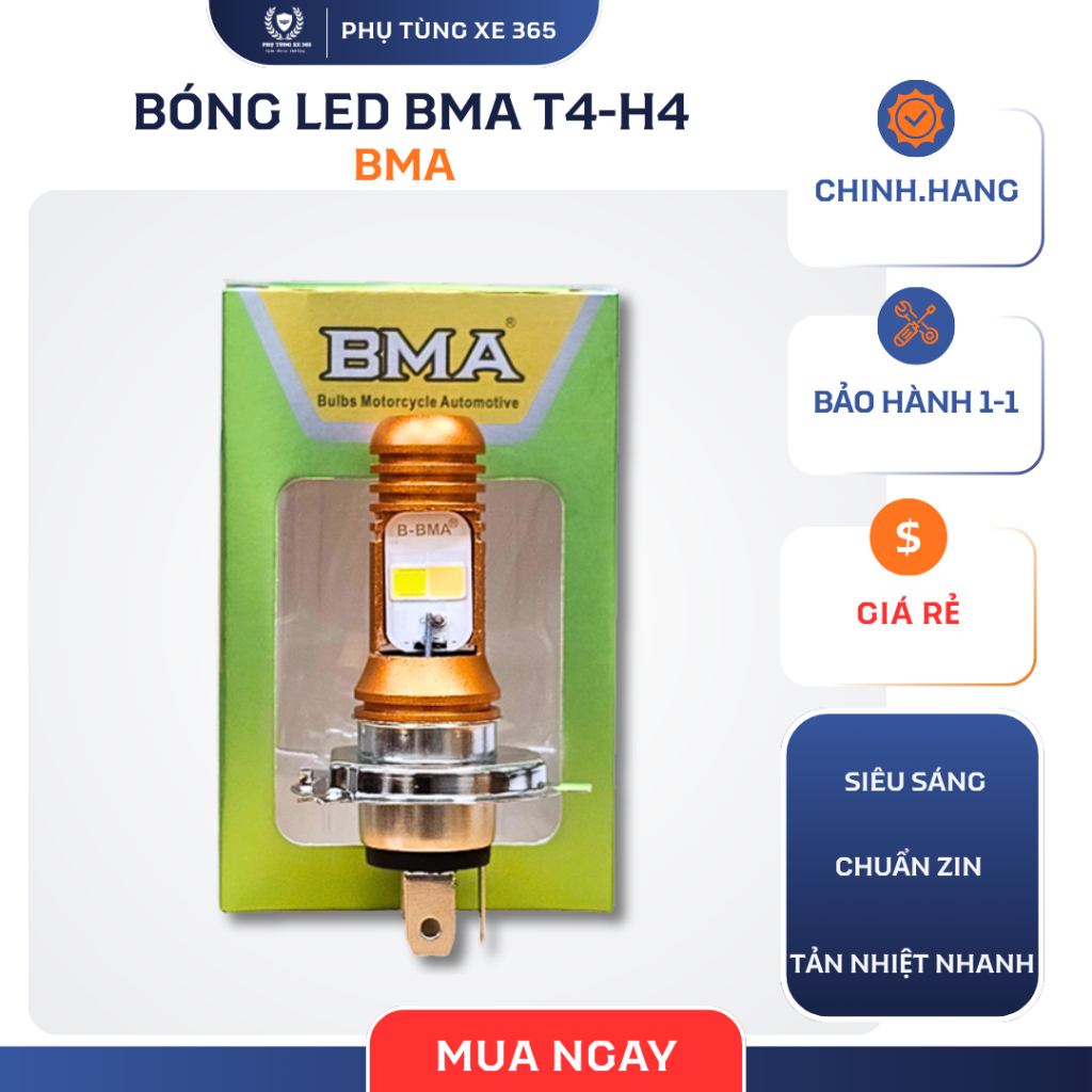 Bóng LED BMA T4-H4 RS 3 Chân – Đèn Pha Cos Xe Máy Siêu Sáng AC/DC 12V
