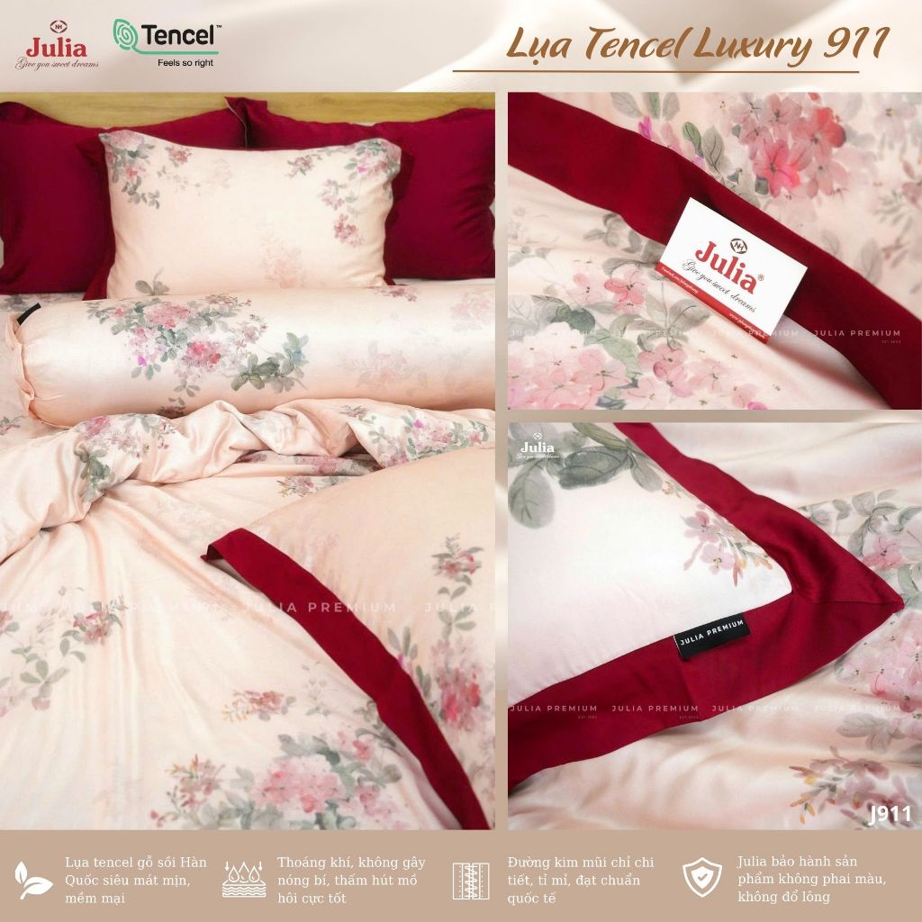 Bộ Chăn Ga Gối Lụa Tencel 100% Gỗ Sồi Cao Cấp Julia- Mềm Mịn, Mát Lạnh, Ga Giường Bọc Thun -SIZE 2Mx