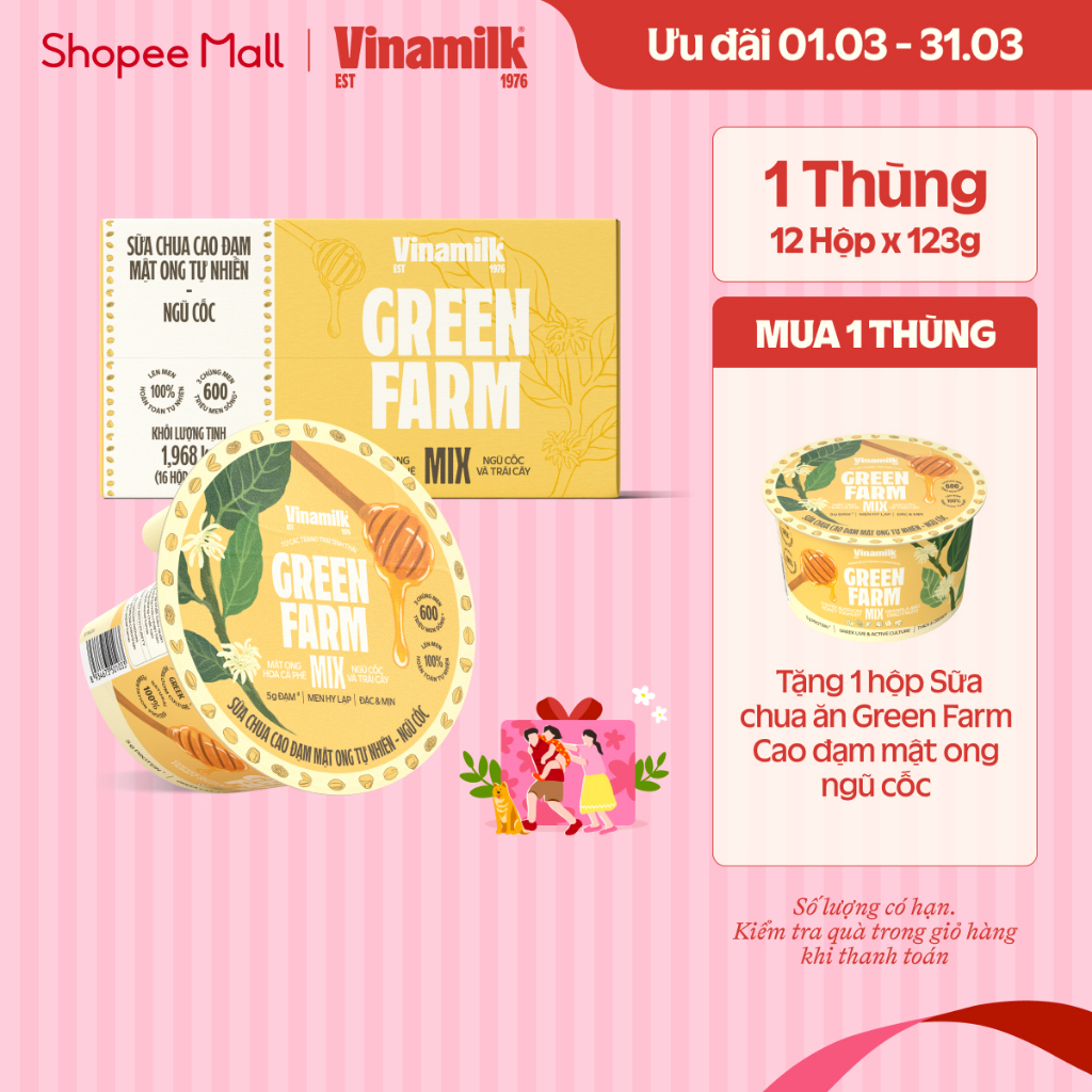 [CHỈ GIAO HCM+HN] Thùng 16 hộp Sữa chua ăn Topping Hy Lạp - Ngũ Cốc Mật Ong Vinamilk Green Farm - hộ