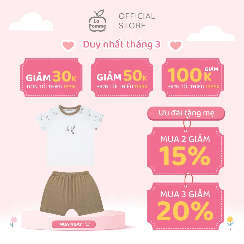 Bộ cộc tay La Pomme sóc nâu và hạt dẻ - Sợi Petit Soyeu thoáng mát – Bé trai/gái 3M - 18M