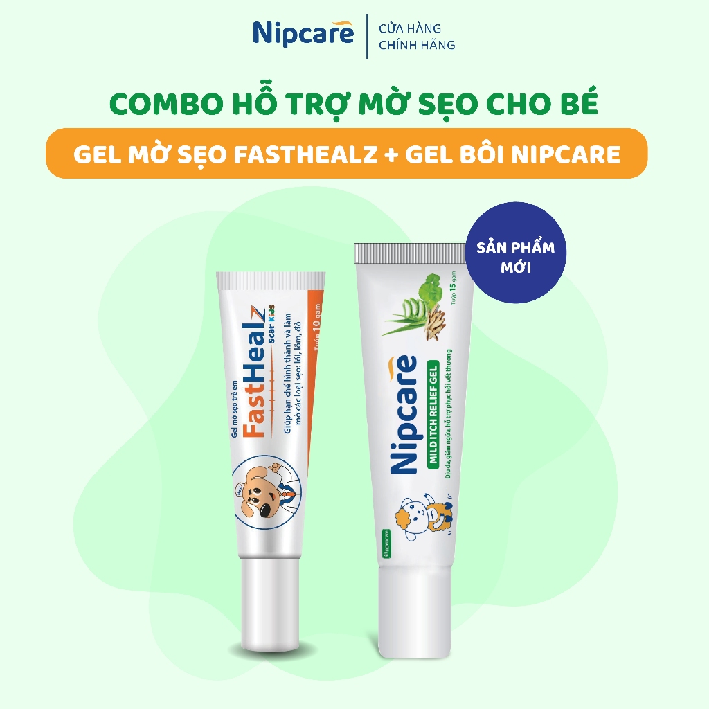 Combo hỗ trợ mờ sẹo cho bé - Gel bôi Nipcare Novocare 15g giảm ngứa, dịu da và Gel mờ sẹo trẻ em Fas