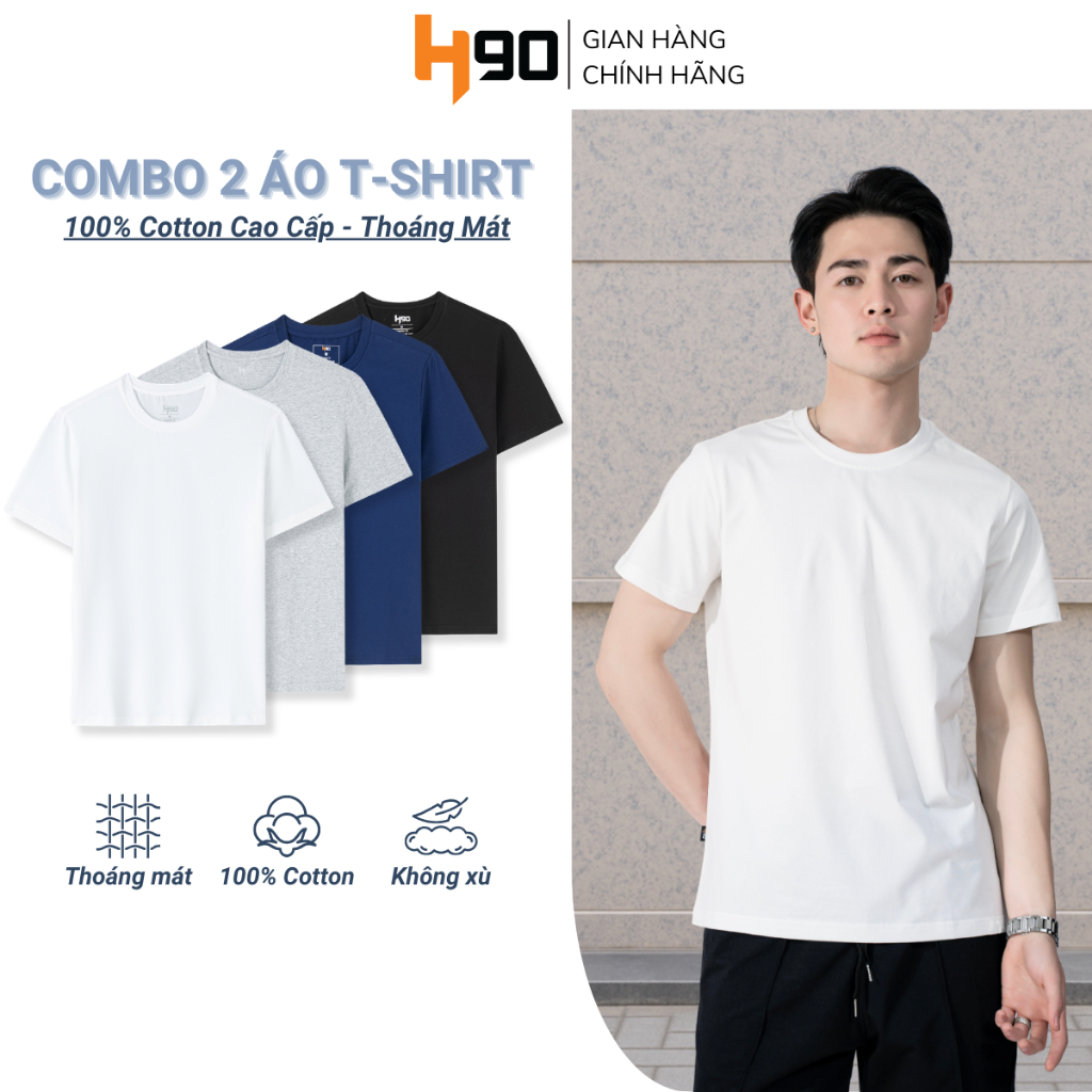 Combo 2 Áo Phông Nam T-Shirt H90 Áo Thun Cộc Tay Cotton Chuẩn Co Giãn, Thoáng Khí Thấm Hút TST01