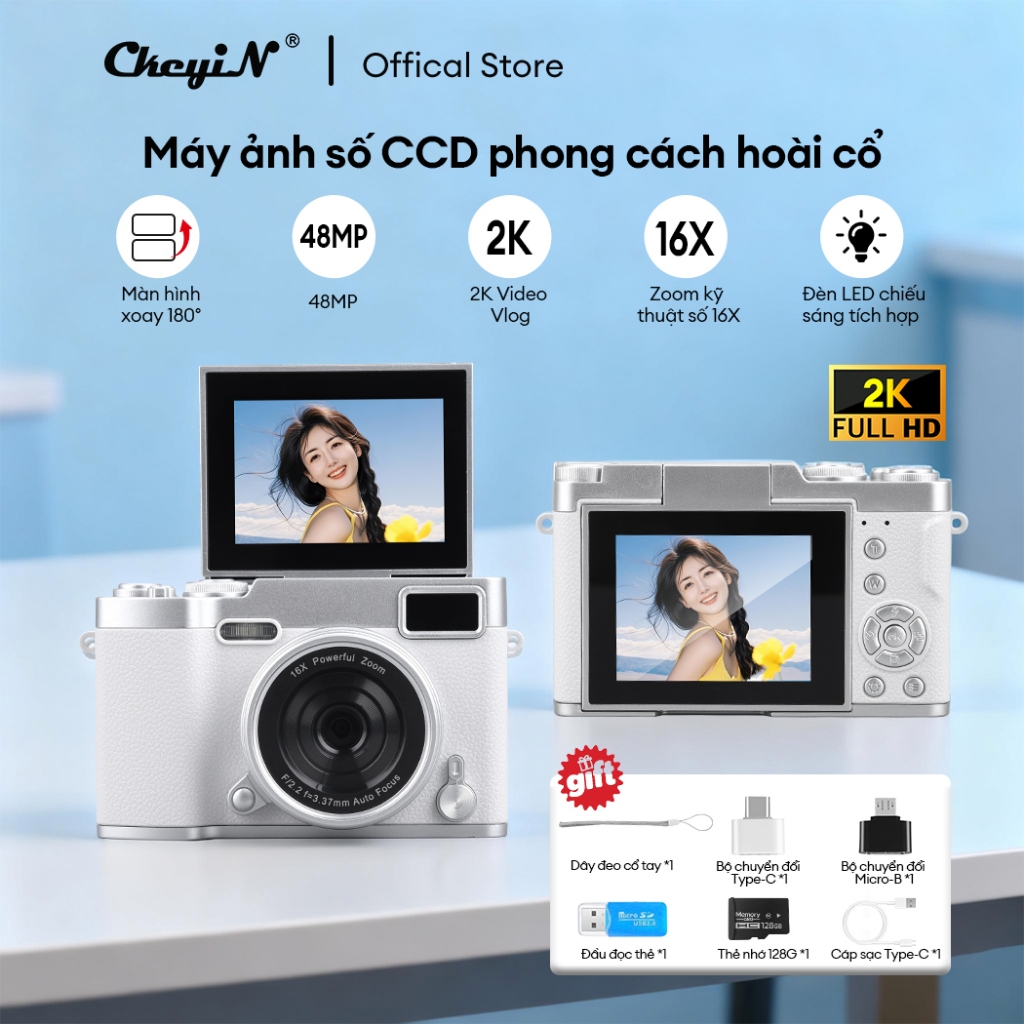 CkeyiN Máy Ảnh Mini Selfie 180° Màn Hình Lật HD MỚI 48MP Đèn LED Bổ Full HD Video 2K PA022W