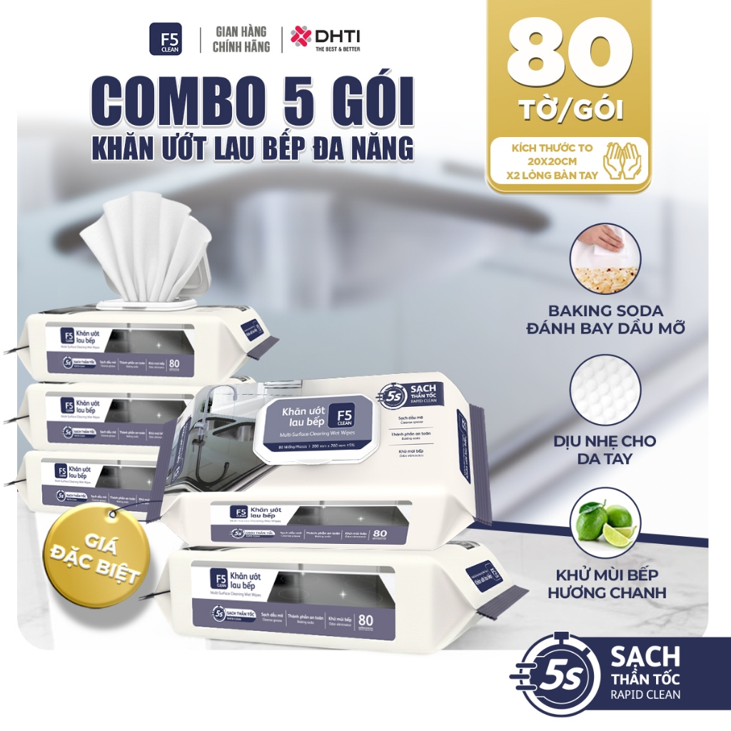 Combo 5 Gói Khăn ướt 80 tờ đa năng lau bếp F5 Clean  sạch bóng mọi bề mặt đa năng mềm mại